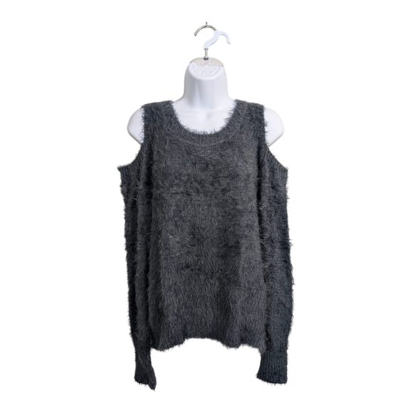Moth by Anthropologie Bienne Gray Chenille Eyelash Fuzzy Sweater Cold Shoulder L - Picture 1 of 11